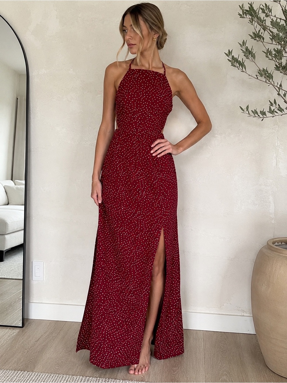 NIGHTWALKER Burgundy Halter Maxi Dress with Side Slit